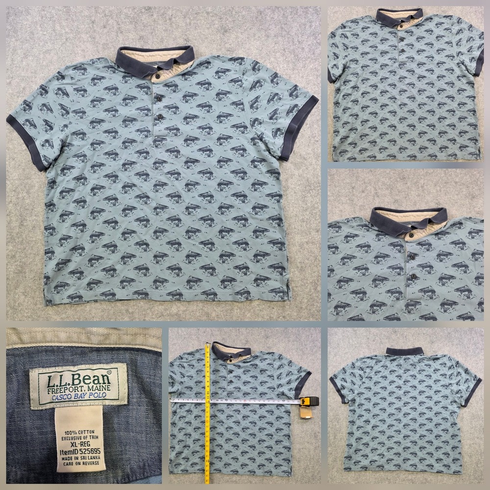 L.L. Bean Casco Bay Polo Shirt Mens XL Blue Fish Graphic 100% Cotton Fishing